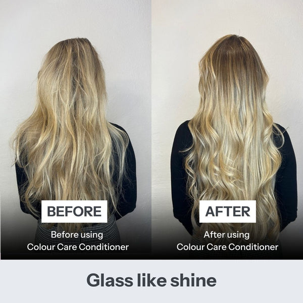 Before and after comparison of a woman's long blonde hair showing the effects of a color care conditioner. The left side is labeled 'BEFORE' and shows dry, less lustrous hair, while the right side is labeled 'AFTER' and shows shinier, smoother, and more defined waves.