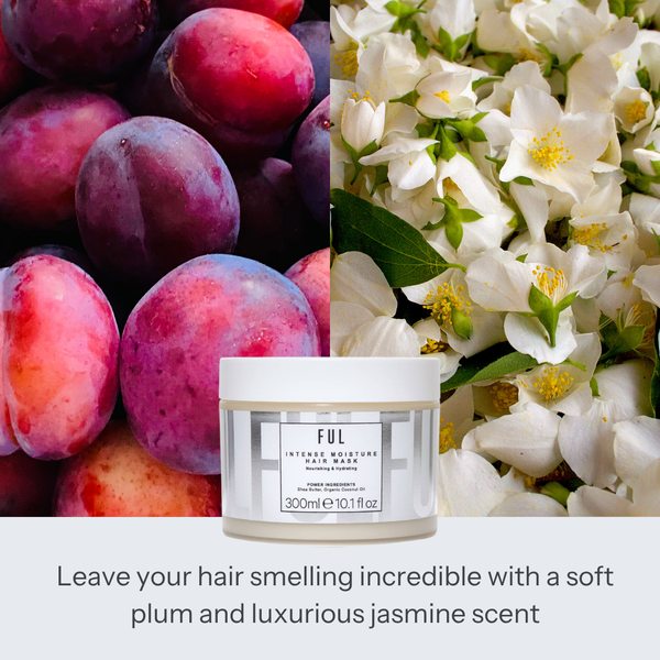 A jar of FUL Intense Moisture Hair Mask is centered against a split background showing plums on the left and white jasmine flowers on the right, with text below describing the scent as soft plum and luxurious jasmine.