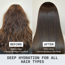 Before and after comparison of hair using an intense moisture hair mask.