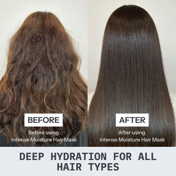 Before and after comparison of hair using an intense moisture hair mask.