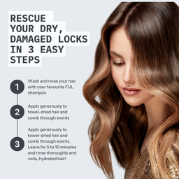 Woman with long, wavy hair next to text on how to rescue dry, damaged locks.