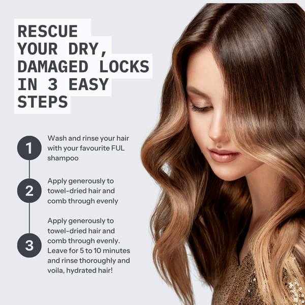 Woman with long, wavy hair next to text on how to rescue dry, damaged locks.