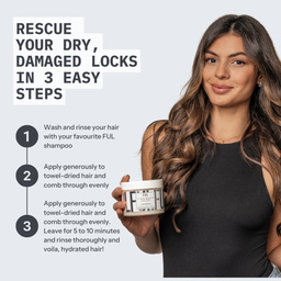 Woman with long, wavy hair holding a hair care product with text on how to use it.