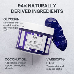 Purple hair mask jar with text highlighting natural ingredients on a gray background