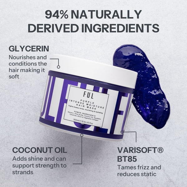 Purple hair mask jar with text highlighting natural ingredients on a gray background