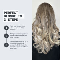 Hair care instructions for achieving the perfect blonde hair color with a close-up of blonde hair.