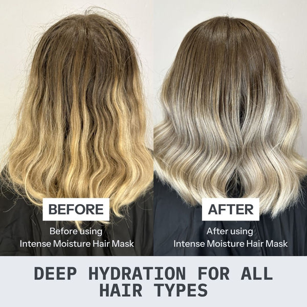 Before and after comparison of hair using an intense moisture hair mask.