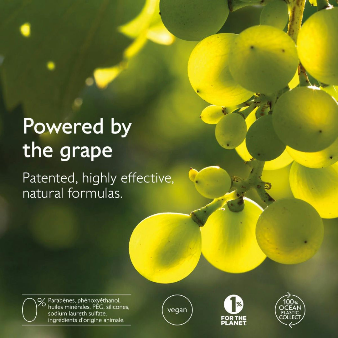 Close-up of green grapes with text about patented, highly effective, natural formulas.
