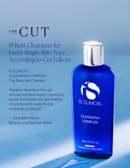 Blue bottle of IS Clinical Cleansing Complex with text about best cleansers for skin types.