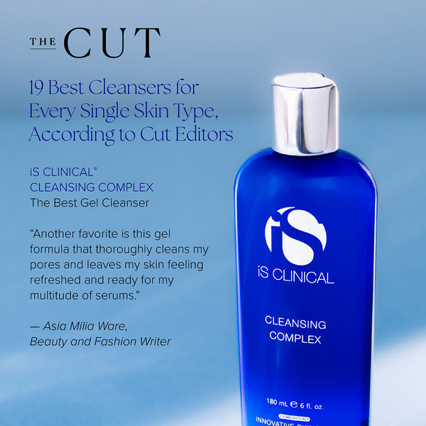 Blue bottle of is CLINICAL Cleansing Complex with text about best cleansers for skin types.