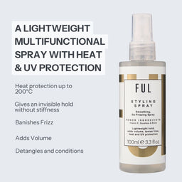 A bottle of FUL Styling Spray on a light gray background with promotional text describing its lightweight, multifunctional properties including heat and UV protection.