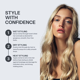 A promotional graphic with text on the left reading 'STYLE WITH CONFIDENCE' and three numbered styling tips, alongside a woman with long wavy blonde hair on the right.