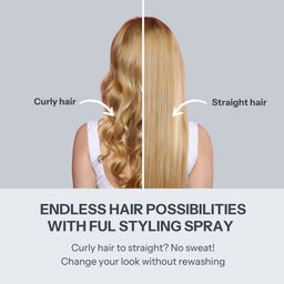 A split-screen comparison showing the back of a woman's head with long blonde hair, labeled 'Curly hair' on the left and 'Straight hair' on the right, under the text 'ENDLESS HAIR POSSIBILITIES WITH FULL STYLING SPRAY'.