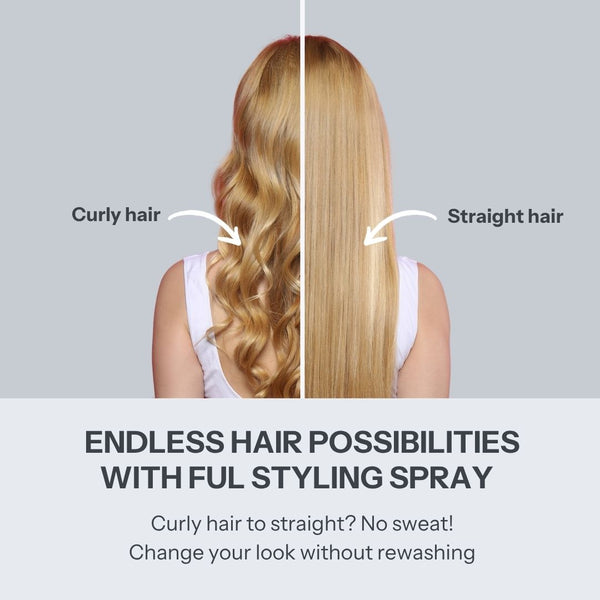 A split-screen comparison showing the back of a woman's head with long blonde hair, labeled 'Curly hair' on the left and 'Straight hair' on the right, under the text 'ENDLESS HAIR POSSIBILITIES WITH FULL STYLING SPRAY'.