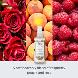 Ful styling spray bottle surrounded by red roses, peaches, and raspberries with text describing the fragrance.