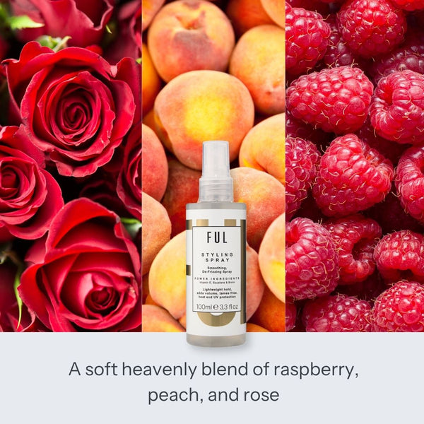 Ful styling spray bottle surrounded by red roses, peaches, and raspberries with text describing the fragrance.