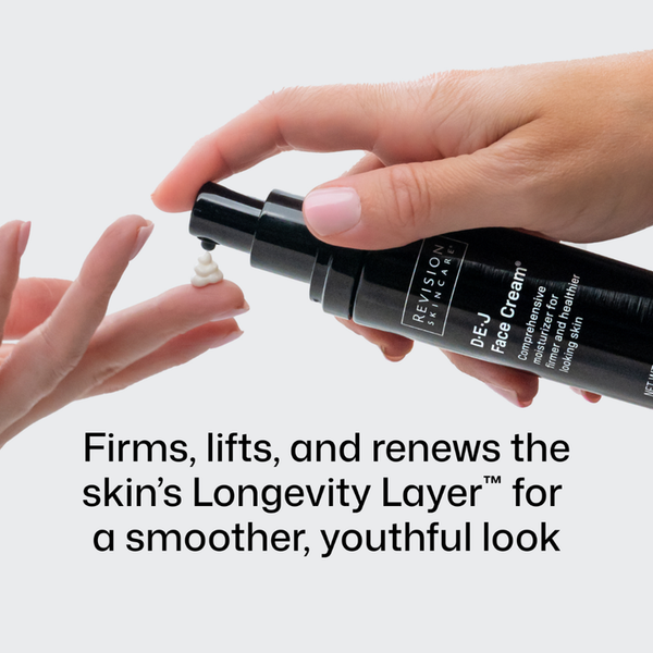 A hand holds a black Revlon Reviver FX BE-J Face Cream bottle while another hand dispenses a small amount of cream onto a finger, with text below reading 'Firms, lifts, and renews the skin's Longevity Layer for a smoother, youthful look.'.