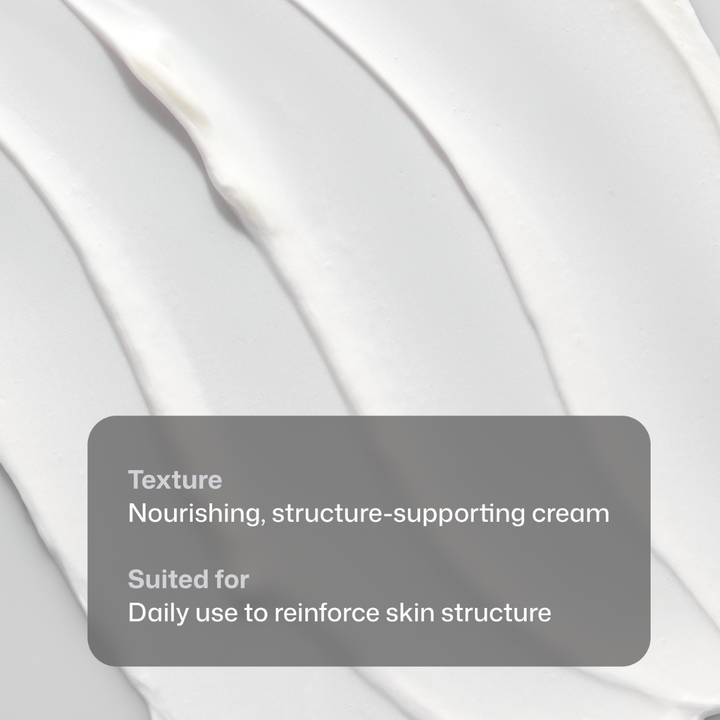 A close-up of white cream swirled in smooth strokes, with a semi-transparent dark gray text box overlay that reads: 'Texture Nourishing, structure-supporting cream' and 'Suited for Daily use to reinforce skin structure'.