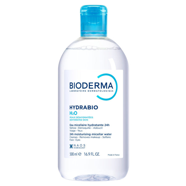 Bioderma Hydrabio H2O 500 ml micellar cleansing water in a clear plastic bottle with a bright blue cap and white label, on a white background.