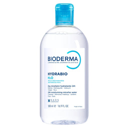 Bioderma Hydrabio H2O 500 ml micellar cleansing water in a clear plastic bottle with a bright blue cap and white label, on a white background.