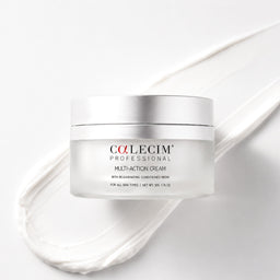 A jar of Colecim Professional Multi-Action Cream on a white background with a white cream smear behind it.