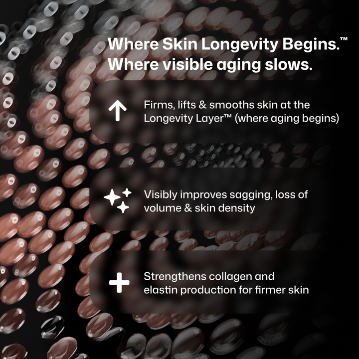 Promotional graphic with text over a close-up of oval skin-care capsules arranged in a spiral on a dark background. The text reads: 'Where Skin Longevity Begins.