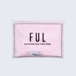 A light pink microfibre hair towel wrap inside a clear zippered plastic packaging sleeve, featuring the brand name 'FUL' in bold black letters.