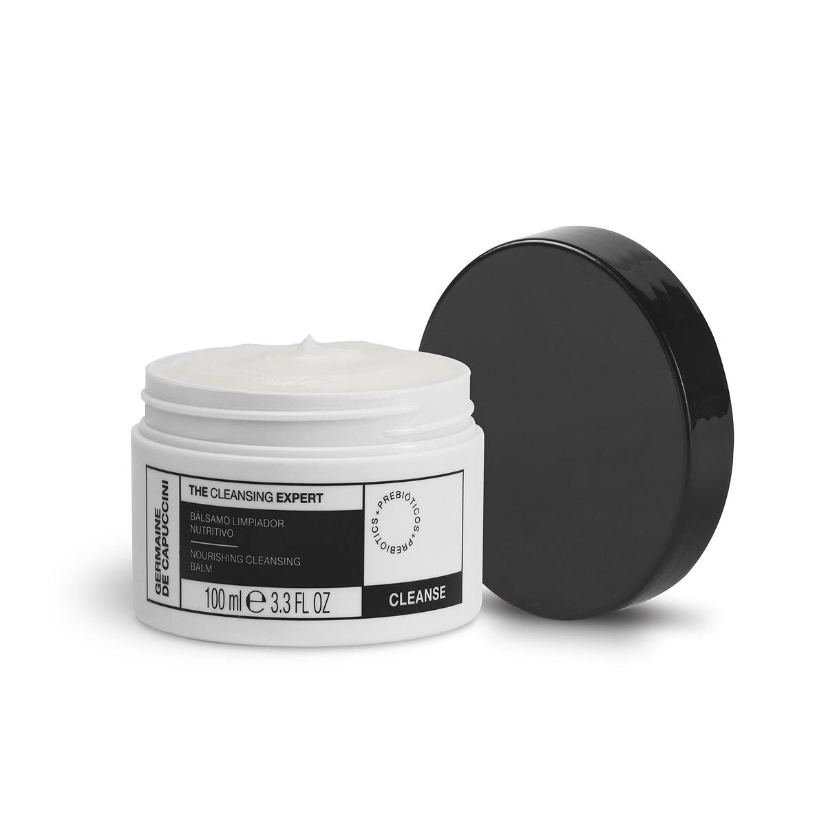 White jar with black lid and label on a white background