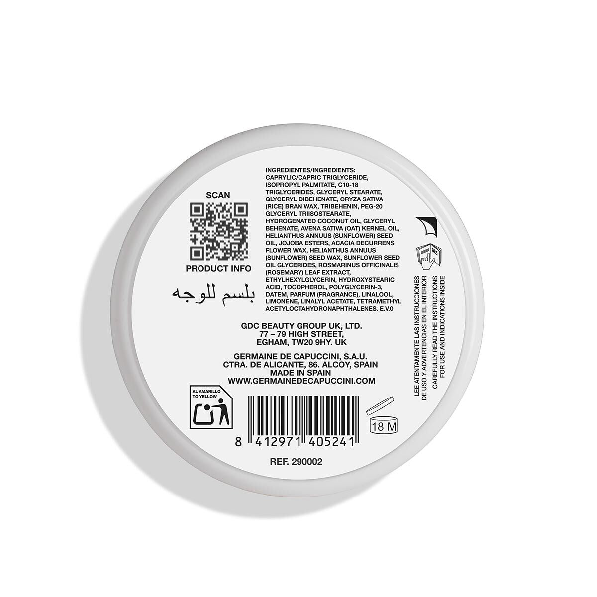 Close-up of a product label with text and a QR code on a white background