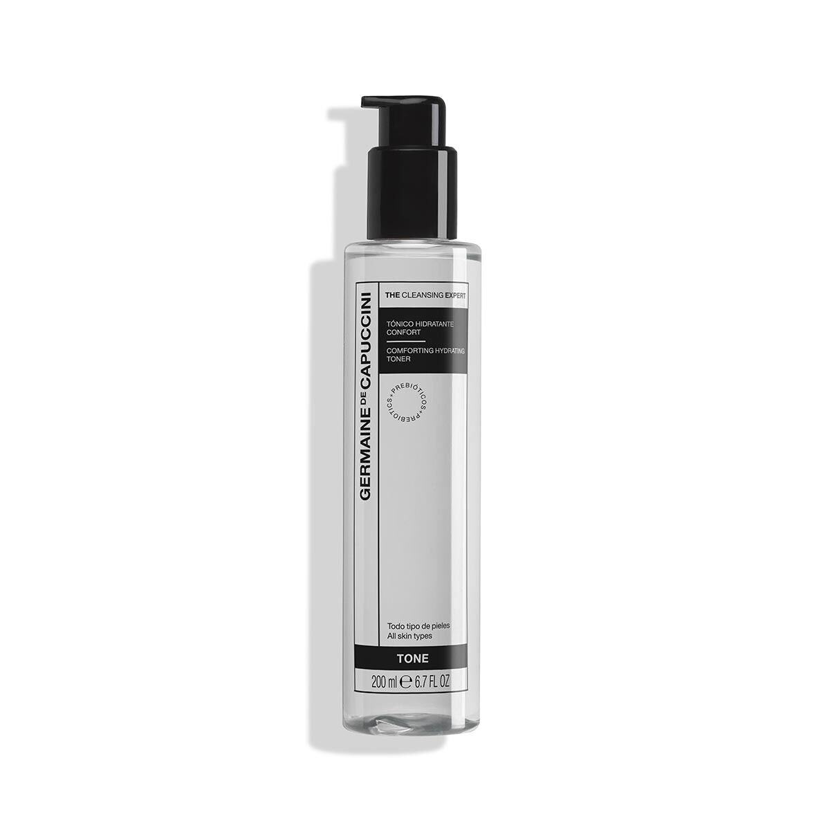 Skincare bottle with black cap on a white background