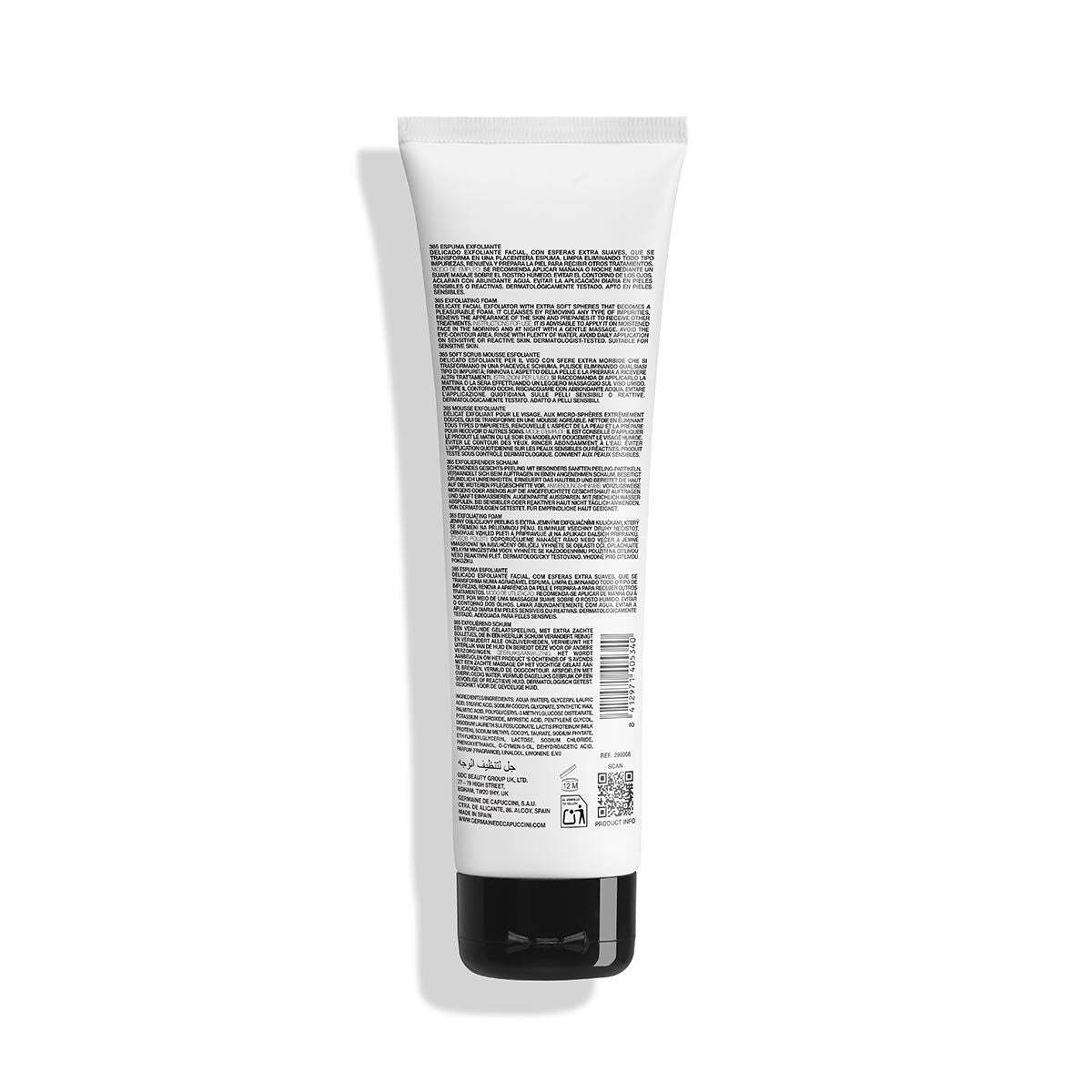White tube with black text on a white background