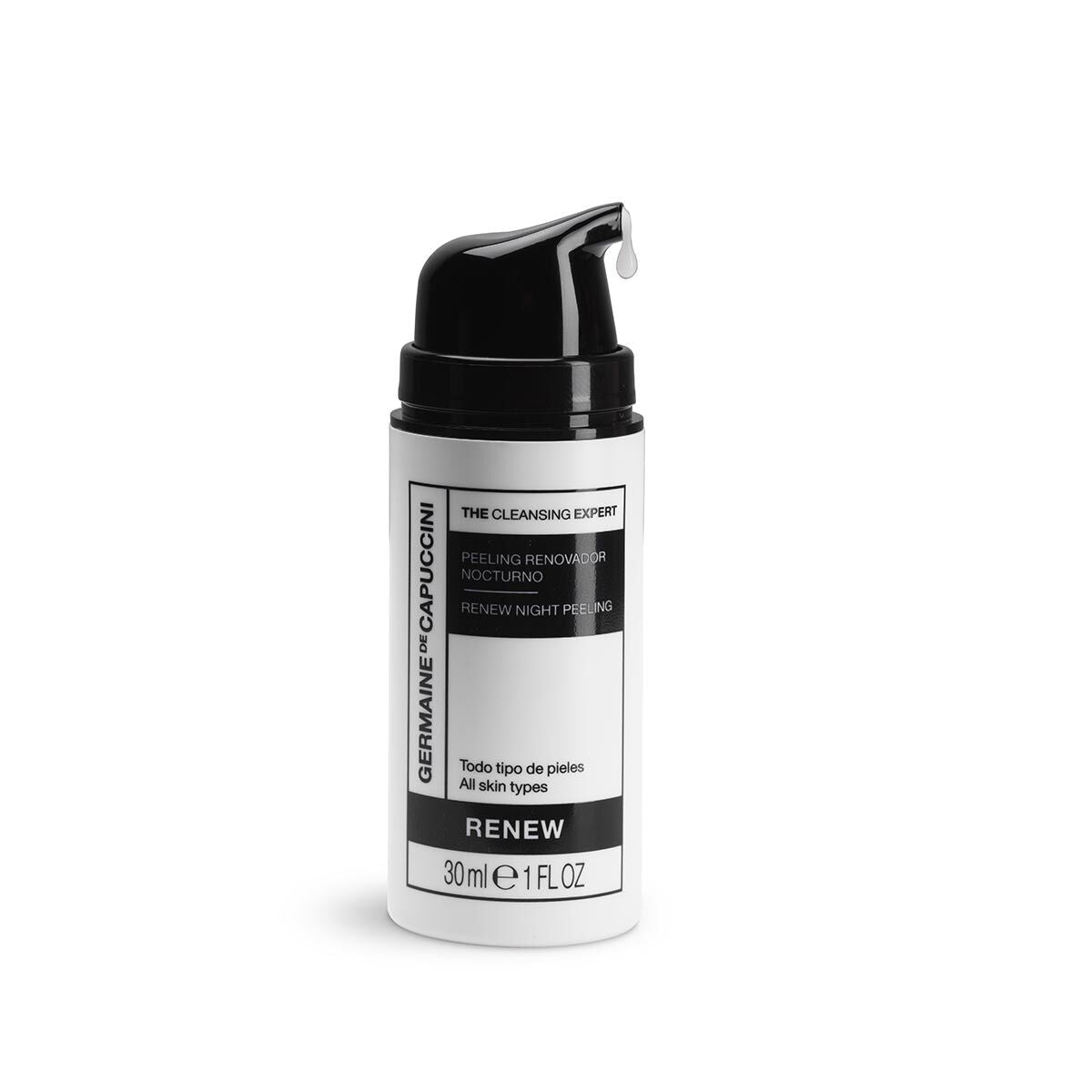Skincare bottle with black cap and white label on a white background