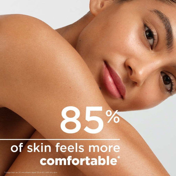 Woman with a close-up of her skin showing 85% comfort level, on a light background.