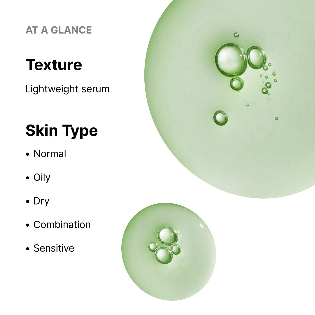 Promotional graphic for a lightweight serum, showing two translucent pale green liquid droplets with air bubbles on a white background. Text on the left reads 'AT A GLANCE', 'Texture', 'Lightweight serum', and 'Skin Type' with a list of skin types: Normal, Oily, Dry, Combination, and Sensitive.