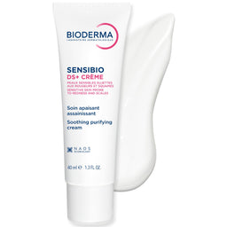 Bioderma Sensibio DS+ Crème Soothing Purifying Cream in a white squeeze tube, shown with a white cream smear behind it on a white background.