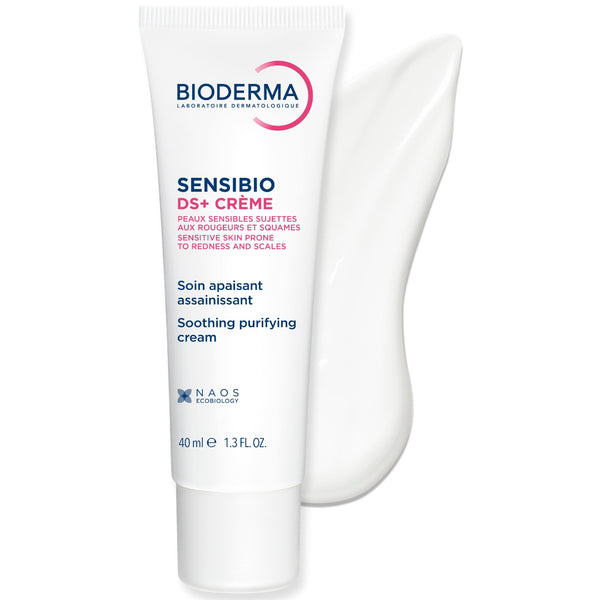 Bioderma Sensibio DS+ Crème Soothing Purifying Cream in a white squeeze tube, shown with a white cream smear behind it on a white background.