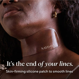 Woman wearing a Naydava skin-firming silicone patch on her neck with text overlay.