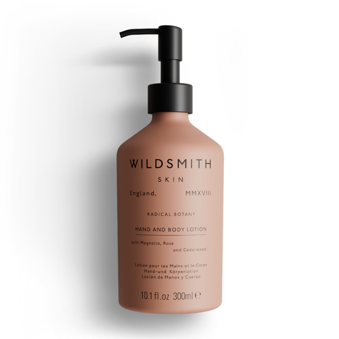 Brown lotion bottle with pump and 'Wildsmith' branding on a white background