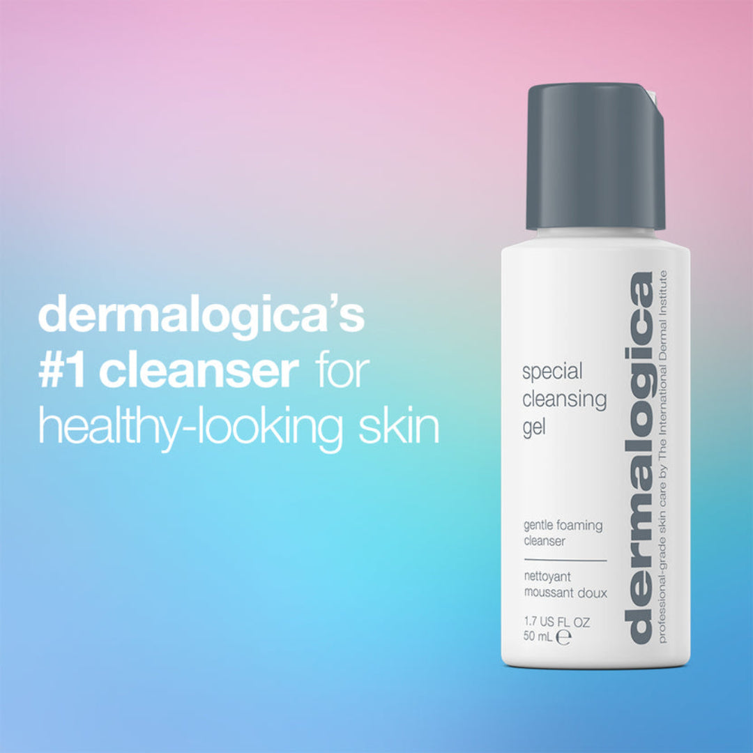 A bottle of Dermalogica Special Cleansing Gel on a pink-to-blue gradient background with promotional text on the left.