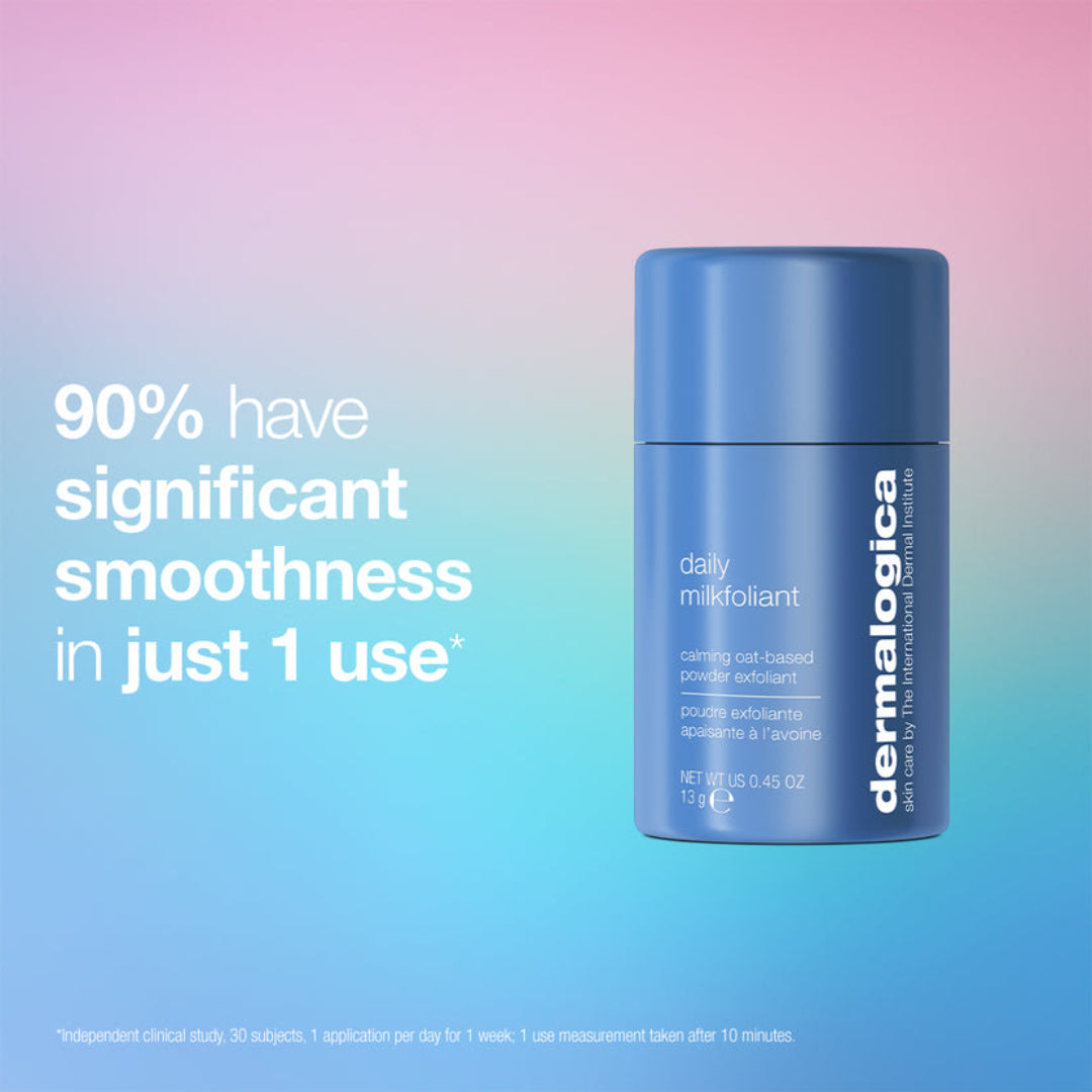 Dermalogica Daily Midoliant powder exfoliant in a matte blue cylindrical bottle, set against a soft pink-to-blue gradient background with promotional text on the left.