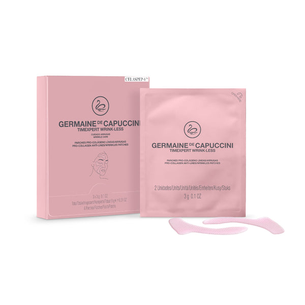 Pink packaging for Germaine de Capuccini Twisted Natural Loss face patches, showing the outer box, individual sachet, and two pink patch pieces on a white background.