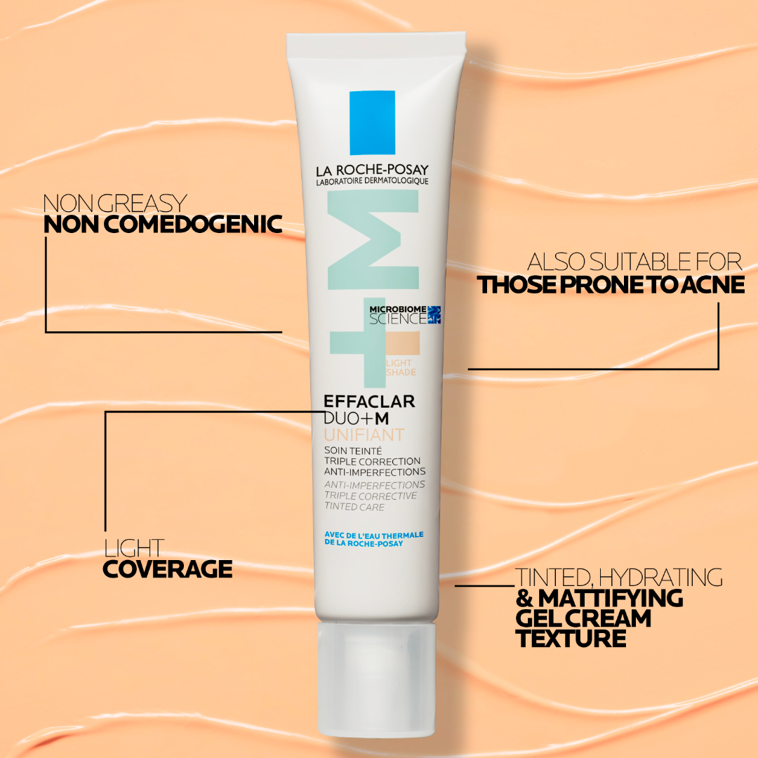 La Roche-Posay Effaclar Duo+M tube on a peach background with text highlighting product features.