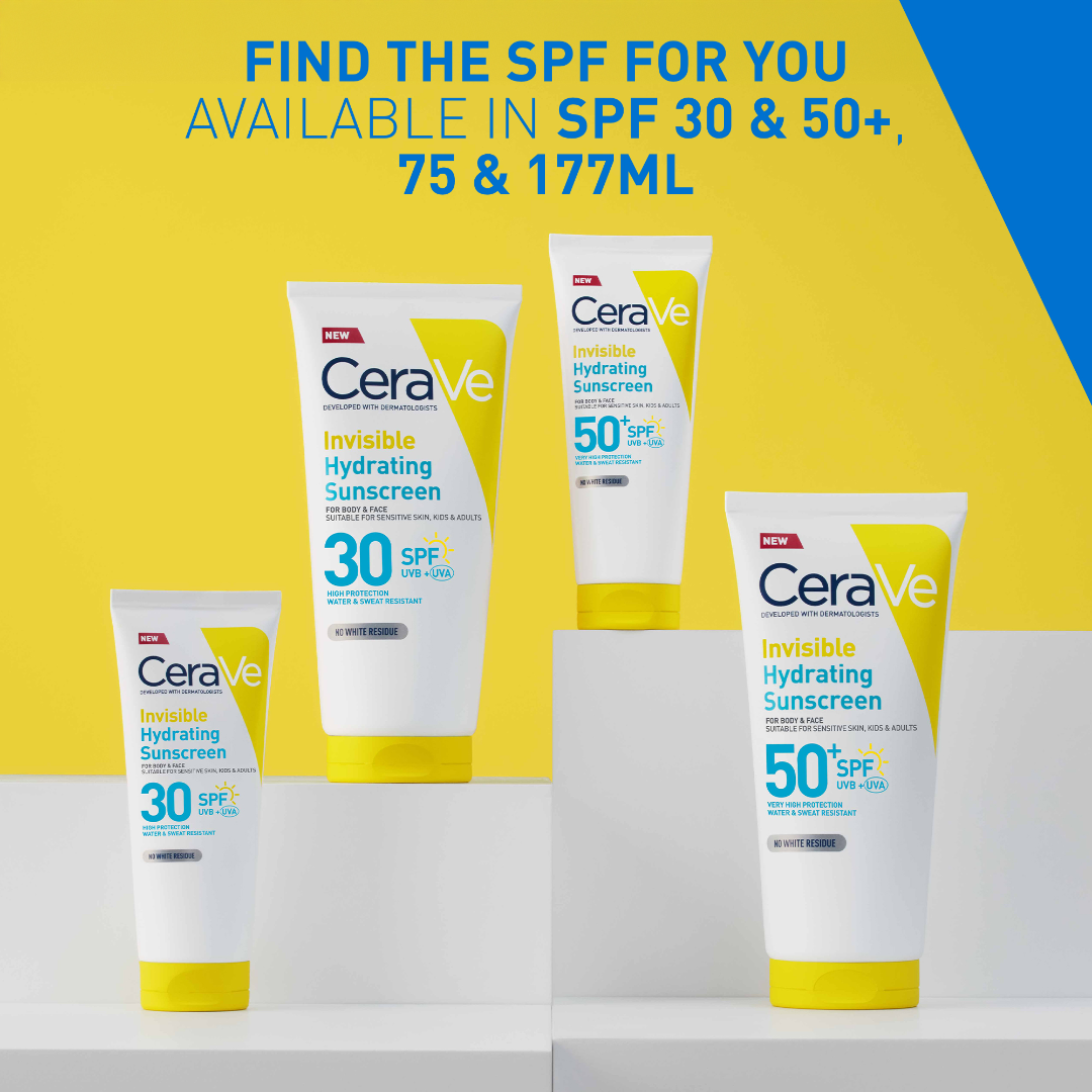 CeraVe sunscreen bottles with SPF 30 and 50 on a yellow and blue background