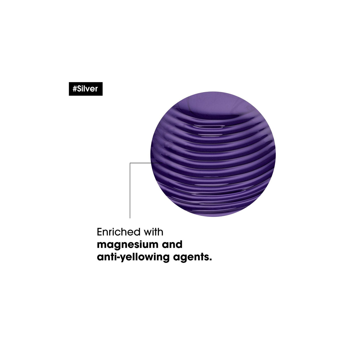Purple sphere with text about enrichment with magnesium and anti-yellowing agents on a white background