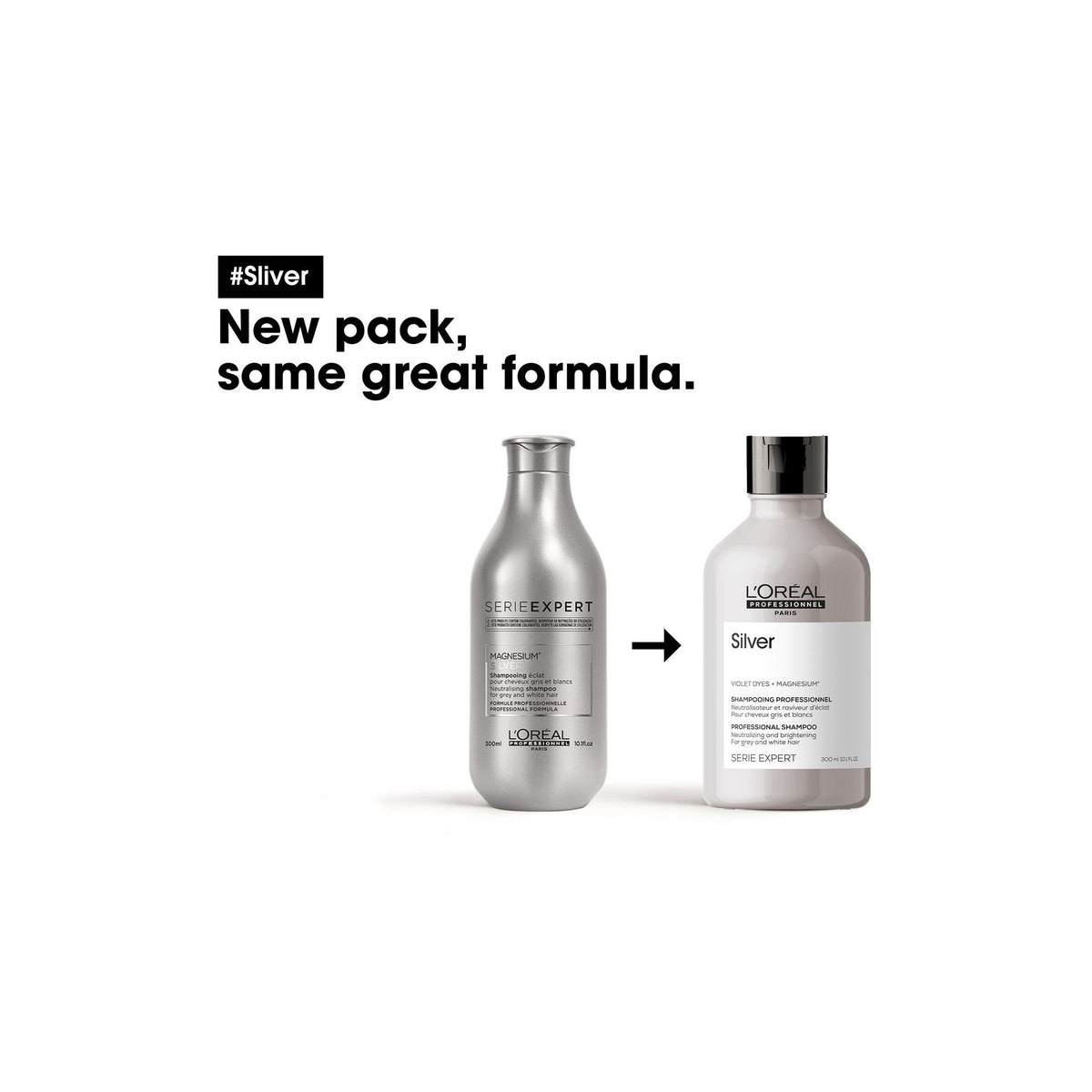 Two bottles of L'Oreal Serie Expert on a white background with text indicating a new packaging design.