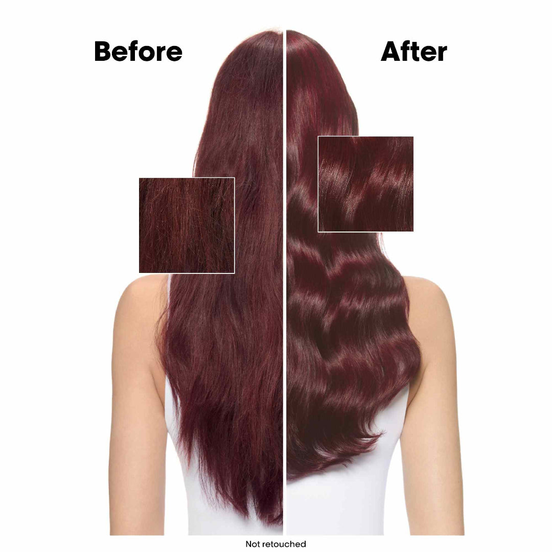 Before and after comparison of hair color treatment on a person with long, dark red hair.