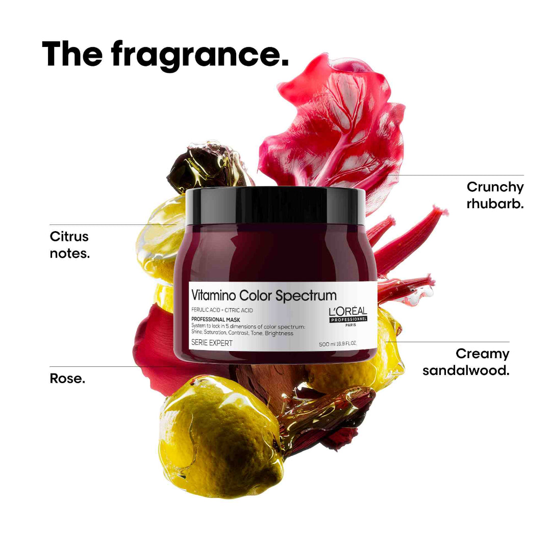 L'Oreal Vitamino Color Spectrum hair product with floral elements and descriptive text on a white background