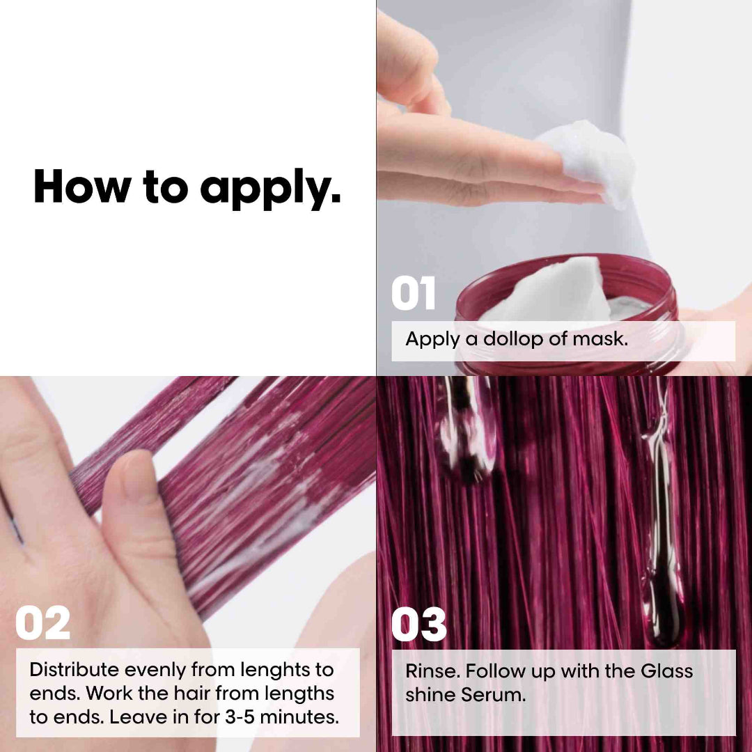 Instructions on how to apply a hair mask with close-up shots and text overlay.