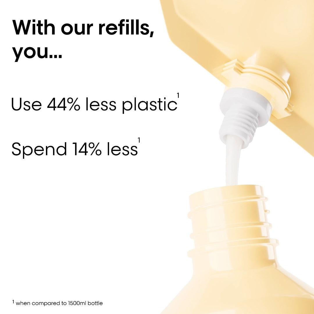 Refill bottle with liquid being poured, text highlighting environmental benefits on a white background
