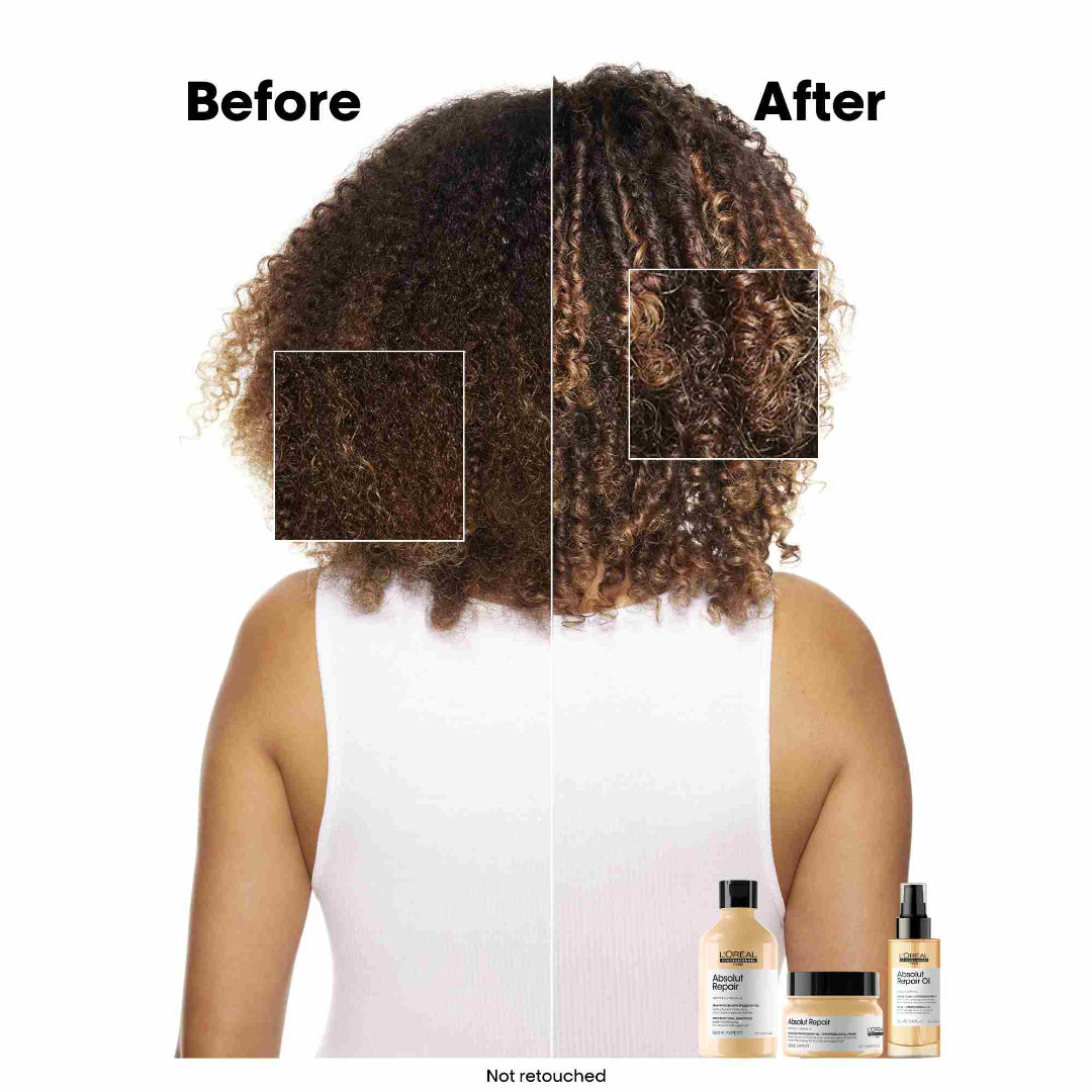 Before and after comparison of hair with product bottles displayed.